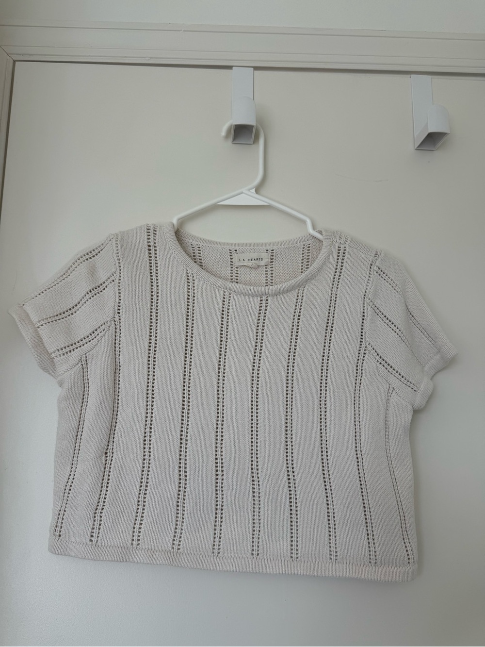La Hearts Cream Openwork Knit Crop Top